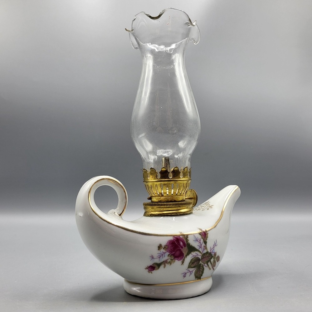 Vtg Genie Aladdin Mini Porcelain Oil Lamp Moss Rose Gold Trim Japan 7.5" AS IS